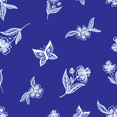 Fototapeta na wymiar Seamless border of flowers and butterflies on a blue background, vector illustration, silhouette. Floral print for fabric and other designs.