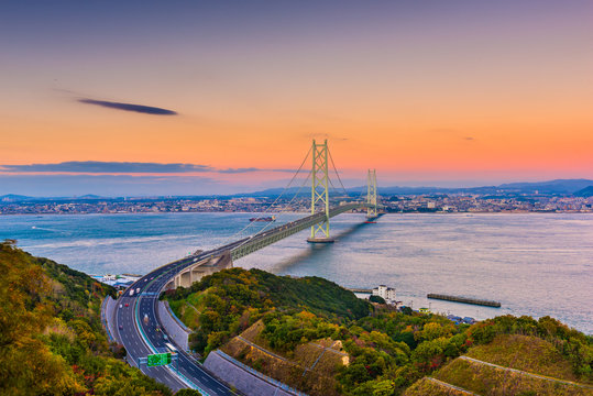 Awaji Island, Japan view of the Akashi Kaikyo Ohashi Bridge spanning the Seto Inland Sea to Kobe.