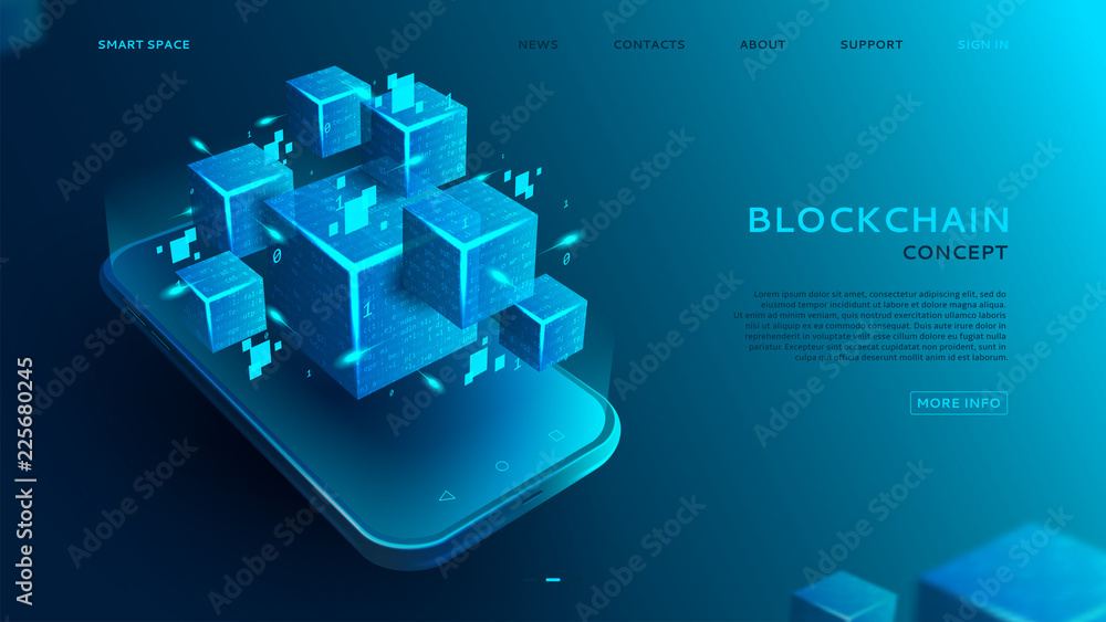 Poster web banner with blockchain concept. 3d abstract digital blocks or cubes constructs database. technol