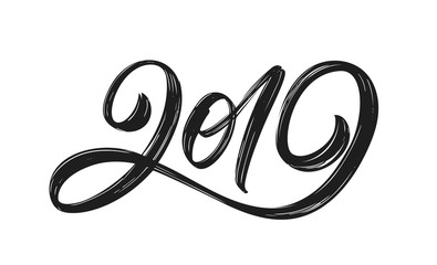 Obraz premium Vector illustration: Handwritten textured brush lettering of 2019 on white background. Chines calligraphy.