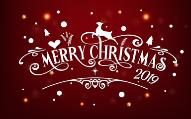 Merry Christmas day 2019. Happy new year and Xmas festival end year party message text  calligraphy decoration greeting card abstract wallpaper background. Holiday paper art graphic design vector.