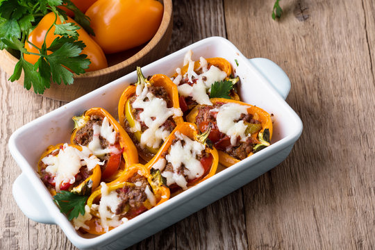 Stuffed bell peppers with minced meat and mozzarella cheese