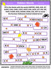 Halloween themed hidden words game or puzzle (English language). Answer included. 
