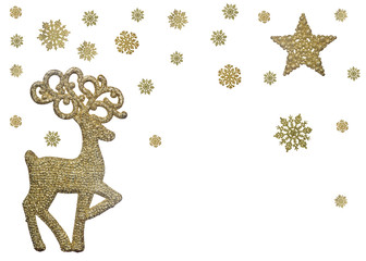gold christmas deer under snowflakes on white