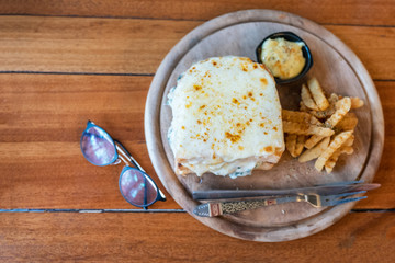 Baked bread spinach with cheese with french-fries