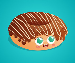 Cute donut character smiling with chocolate icing and white stripes. Vector isolated on blue background.