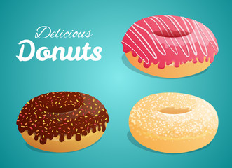 Set of three donuts with different icing, pink striped, sugar, chocolate. Vector isolated on blue background.