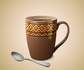 Realistic brown mug of coffee with geometric pattern and its spoon isolated on colored background. Vector illustration.