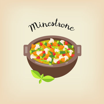 Vector illustration. Flat style icon of minestrone soup. Traditional italian food for different design.