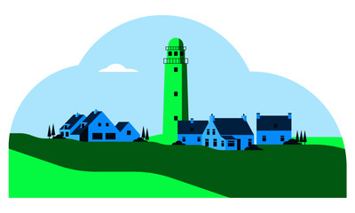 landscape, lighthouse, nature, house, sky, water, building, illustration, vector, sea, marine, coast, ocean, tower, light, navigation, beacon, hill, safety, searchlight, nautical, shore, view, landmar