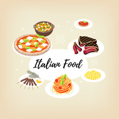 Vector illustration. Set flat style icons of traditional italian food. Template card with text 