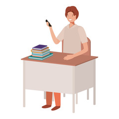 man sitting in school chair and desk with smartphone