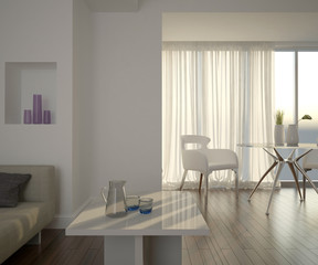 Modern white interior with parquet floor, big panoramic window and transparent curtain