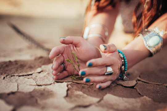 Hands of girl and little green plant on crack dry ground