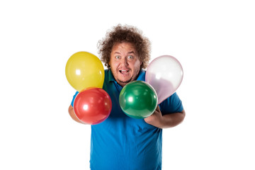 Fototapeta na wymiar Funny fat man with balloons. Happy birthday