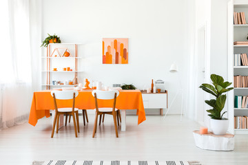 Real photo of stylish but simple dining room in vivid color. Orange and white interior design concept