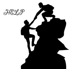 Silhouette of two people metaphor (help, support, friendship), on a mountain, hand in hand, on a white background,