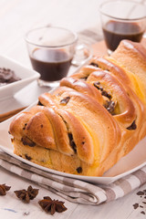 Brioche with chocolate chips.