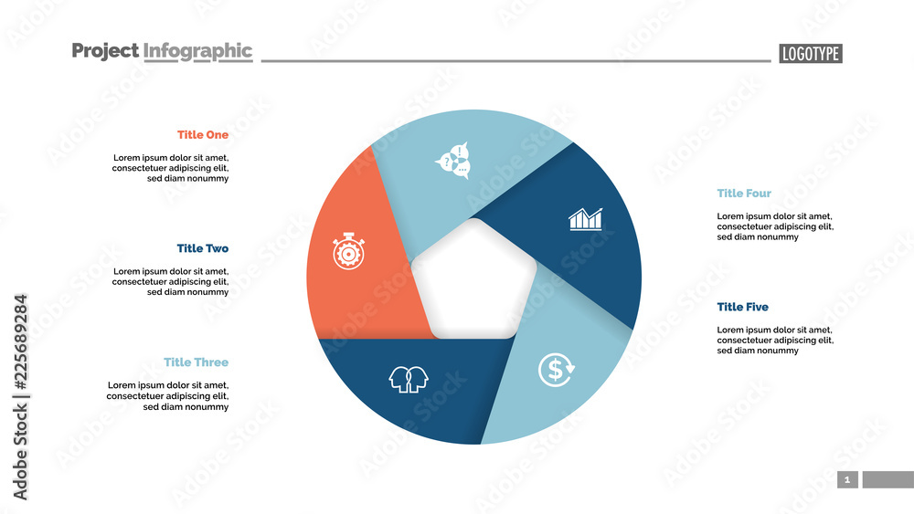 Poster donut chart with five sections. infochart, swot analysis, slide template. reference data concept. ca
