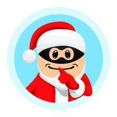 Concept of Secret Santa. Santa Claus wearing a black mask and secretly putting his finger to the lips. Vector illustration in cartoon style on white background.
