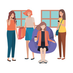 Fototapeta premium group of women using technology in the livingroom