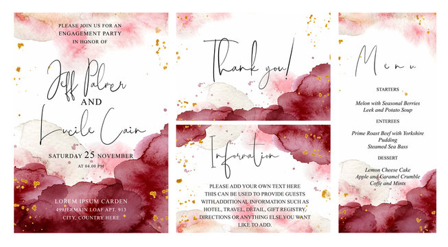  Burgundy, pink and gold wedding set with  hand drawn watercolor background. Includes Invintation, information, menu and thank you cards templates. Vector