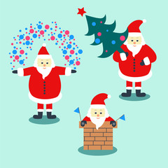 Set of three Santa Claus with holiday decoration. Santa Claus with garland, Santa Claus with Christmas tree, Santa claus in the pipe.