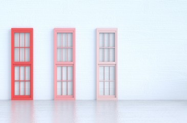 White living room decor with wood  red and pink window, white wood wall, grey white  wood floor, Valentine's day of love. 3d render.