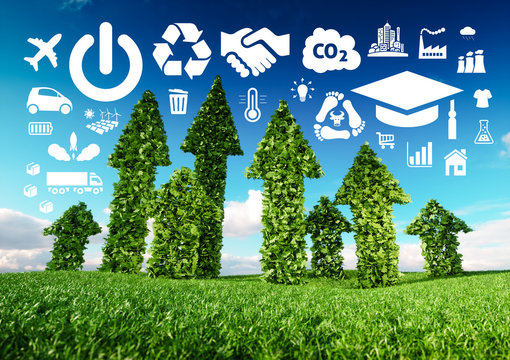 Sustainable development conceptual image. 3d illustration of fresh green leaf arrows growing from grass meadow and pointing toward ecology related icons.