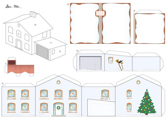 Paper model of a house in winter with christmas tree, snowman and snowy roofs and a chimney for Santa Claus - easy to make - print template on heavy paper, cut the pieces out, score, fold and glue it.