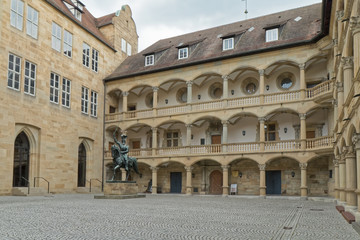 Fototapeta na wymiar Stuttgart, Germany - The castle courtyard with a statue of a knight.