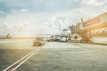 Preparation airplane flight in airport sky cloud background