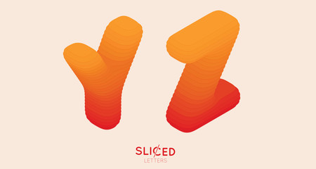 Abstract paper cut sliced letters with color gradient. Paper sclices with soft shadow form 3d letters. Minimalistic design. Alphabet vector illustration. Paper craft symbols Y Z.