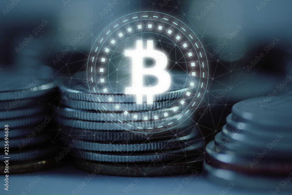 Poster bitcoin (btc) logo led hologram hover over pile stack of regular coins with wired network background