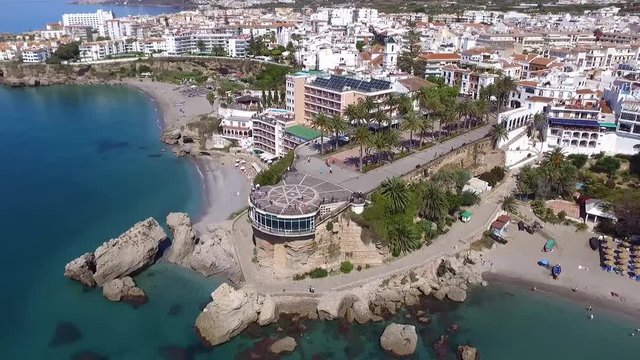 Aerial view of Nerja city , holiday touristic destination in Spain Andalucia Malaga Costa del Sol Balcon de Europa location