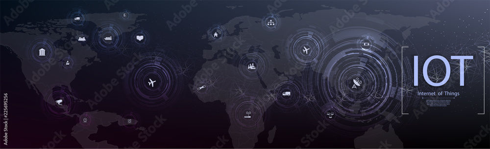 Fototapete 	 Internet of things (IOT), devices and connectivity concepts on a network, cloud at center. digital circuit board above the planet Earth.