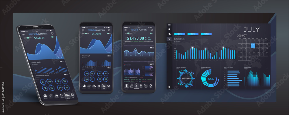 Poster mobile app infographic template with modern design weekly and annual statistics graphs.ui ux design 
