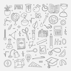 Lined Back to School supplies, elements and objects. Autumn back to school supplies in funny doodle cartooning design. School supplies icon collection. Set of school science objects, doodle hand draw