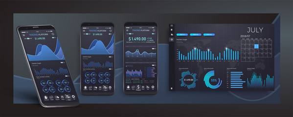Mobile app infographic template with modern design weekly and annual statistics graphs.UI UX design app cryptocurrency wallet. Modern user interface screen template for mobile smart phone