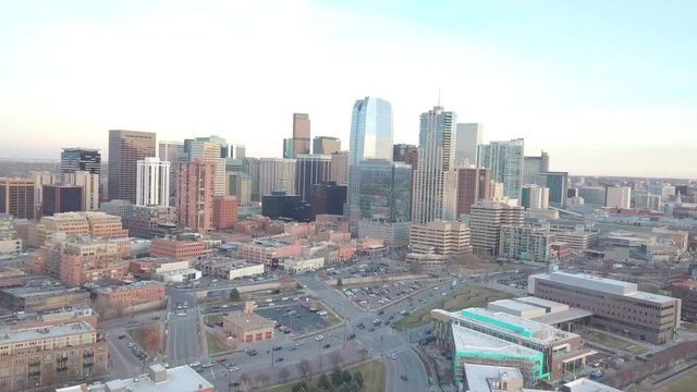 4k Aerial Drone Footage Of Busy Evening Traffic with Downtown Denver City Skyline during sunset