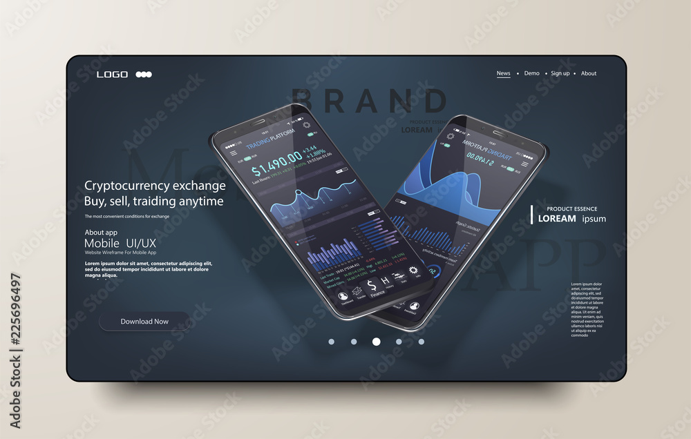 Poster clean mobile ui design concept. trendy mobile banking. cryptocurrency technology. bitcoin exchange. 