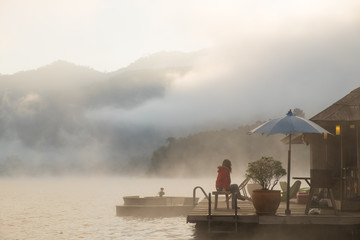 Chiangmai,Thailand-December 24,2017, The mist in the lake in the morningat Mountain Float Chiang Mai , Mae Ngud Som Boon Chol dam, Chiangmai, Thailand.