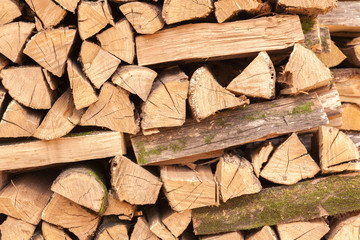 Oak firewood stacked in a pile.