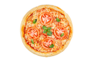 Pizza with tomato and basil on white background. View from above.