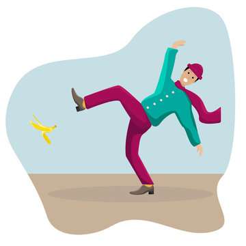 Vector flat illustration with a slipped man on a banana peel.