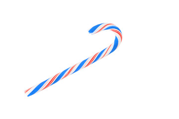 Christmas Candy cane with blue Bow isolated on white background.