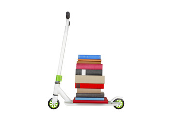 Stack of colorful books on white kick scooter isolated on white background.