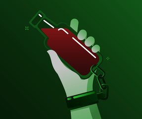 Concept of alcohol addicted. Alcoholic addicted holds and is chained to the bottle.