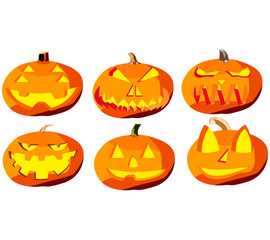 Set of six pumpkins for Halloween, objects isolated on white background