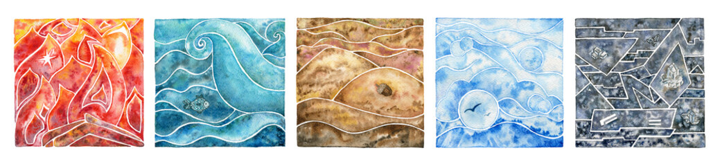 Five natural elements: fire, water, air, earth and metal. Watercolor illustration set.